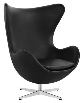 Möbel - Lounge Sessel - Egg chair Drehsessel Leder - Fritz Hansen - Schwarzes Leder - Glasfaser, poliertes Aluminium, Polyurethan-Schaum, Vollnarben-Leder