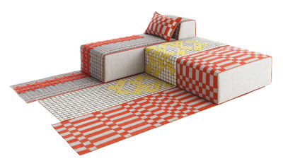 Furniture - Sofas - n° 2 Bandas Modular sofa - 1 rug + 2 poufs Large + 1 chaise longue by Gan - Orange, Yellow & Grey - Wool