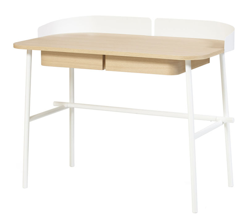 Möbel - Büromöbel - Schreibtisch Victor metall weiß holz natur - Hartô - Weiß / holzfarben - eichenfurnierte Holzfaserplatte, lackiertes Metall