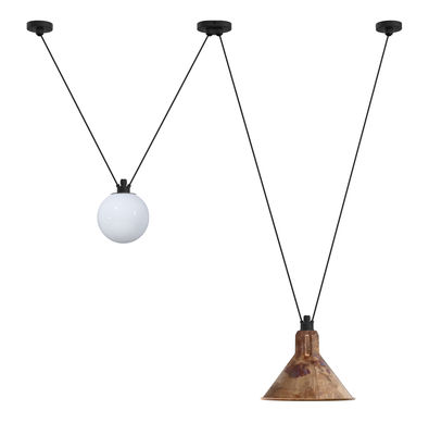Lighting - Pendant Lighting - Acrobate N°324 Pendant - / Lampes Gras - 2 metal & glass shades by DCW éditions - Raw copper / White glass - Glass, Painted steel
