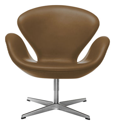 Dossiers - Natura moderna - Poltrona girevole Swan chair - pelle di Fritz Hansen - Pelle marrone - Alluminio, Espanso, Pelle, Resina