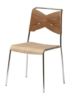 Mobilier - Chaises, fauteuils de salle à manger - Chaise Torso / Cuir - Design House Stockholm - Cuir cognac / Assise chêne - Contreplaqué de chêne naturel, Cuir véritable, Métal chromé