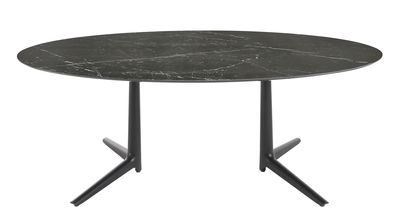 Mobilier - Tables - Table ovale Multiplo XL INDOOR - Grès effet marbre / 192 x 118 cm - Kartell - Noir / Pied noir - Aluminium verni, Grès cérame effet marbre
