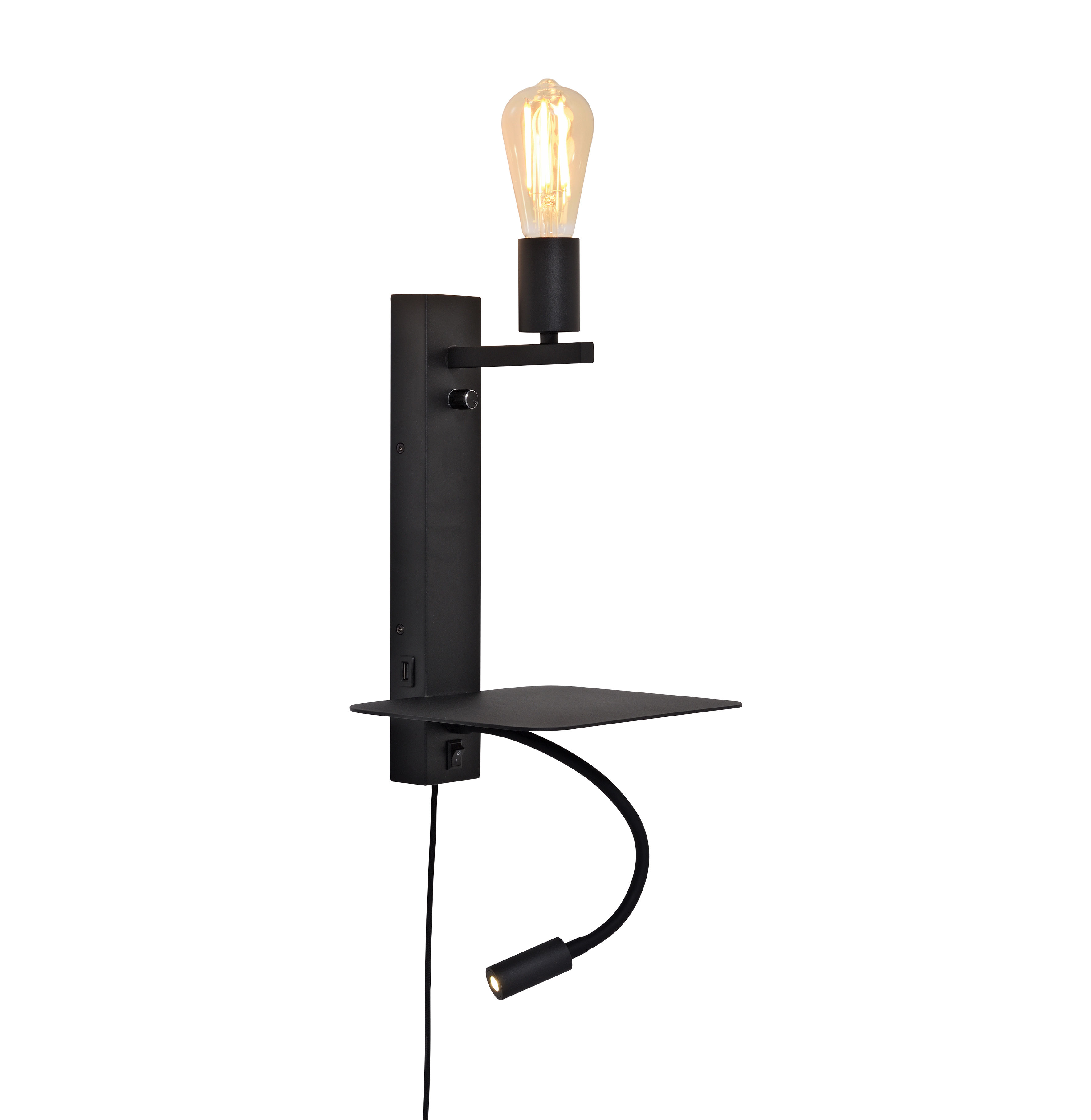 Étagère murale noire avec lampe et port USB, Accessoires de rangement