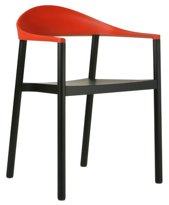 Möbel - Stühle  - Monza Stapelbarer Sessel Gestell schwarzes Holz - Plank - Schwarz - Lehne rot - lackierte Esche, Polypropylen